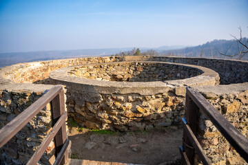 Old chapel and fortress ruins in a small czech town Petrohrad. Way of pilgrims, Czech republic.