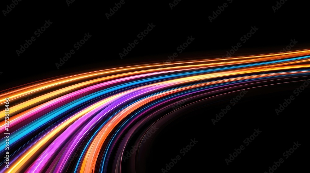 Poster a vibrant display of colorful light trails on a dark background, creating a sense of motion and ener