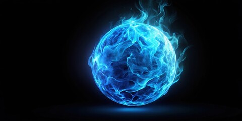 Glowing blue fire orb suspended in mid-air above a dark, matte black background , glow, blue,  glow, blue, energy