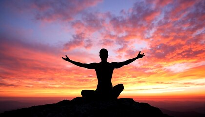 Fototapeta premium A man is sitting on top of a mountain at sunset.