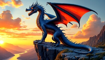 A fantasy dragon perched on a cliff overlooking a sunset.