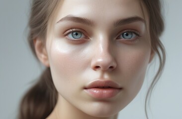 Fototapeta premium Soft Dreamy Skinminimalism high-key Portrait with Ethereal Glow on natural skin. delicate beauty, simplicity.Skincare campaigns,wellness branding, minimalist product design,social media beauty content