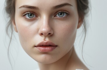 Fototapeta premium Soft Dreamy Skinminimalism high-key Portrait with Ethereal Glow on natural skin. delicate beauty, simplicity.Skincare campaigns,wellness branding, minimalist product design,social media beauty content