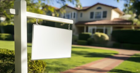Un panneau vide devant une maison d'habitation en vente, avec un arrière-plan flou, concept de transaction et d'achat de biens immobiliers avec espace pour logo ou texte.