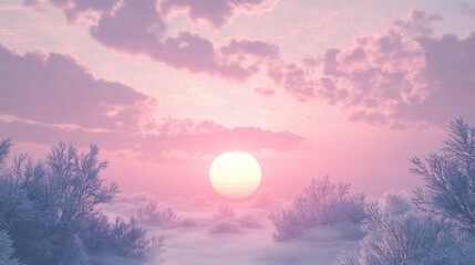 A tranquil 3D sunrise scene with a soft pink sun glowing over a misty, frosted forest. The sky is filled with pastel hues of pink and lavender.