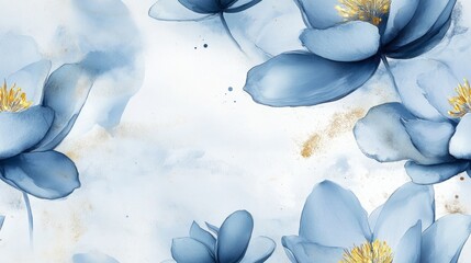 Seamless pattern with blue watercolor ink flowers with golden centers in a delicate artistic style
