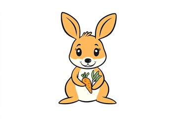 Baby kangaroo peeking out of its pouch, holding a tiny carrot.