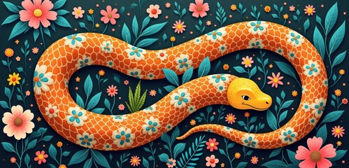 Obraz premium Vibrant illustration of a flower-patterned orange snake surrounded by colorful flora, perfect for art, nature-themed designs, and educational materials.