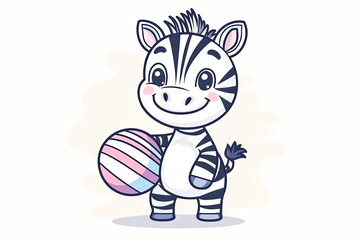 Baby zebra holding a striped beach ball, smiling happily.