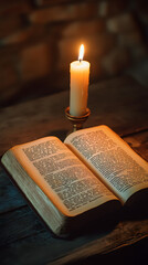 An open book on the table, candlelight illuminating its pages
