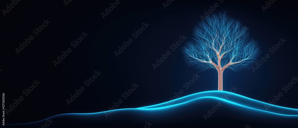 Poster a luminous tree stands alone on a gentle hill, illuminated against a dark background, creating a ser