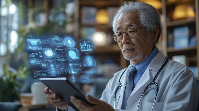 telemedicine, elderly doctor white coat uses tablet to view digital medical data modern office. holographic display shows various health charts and statistics, indicating advanced technology