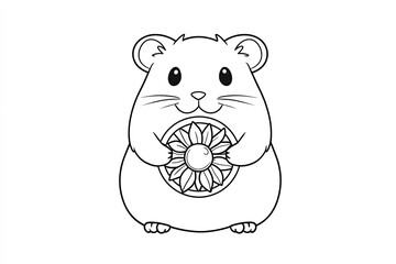 Hamster holding a sunflower seed, sitting inside a tiny wheel. Cute Cartoon Character Design and Computer Game. Coloring Book Outline Set.