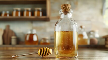 A transparent glass bottle with a cork stopper, partially filled with golden honey. The bottle is set on a kitchen counter with a small honey dipper leaning against it. 