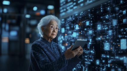 telemedicine, elderly Asian person uses tablet in futuristic digital environment, surrounded by glowing data panels. scene highlights integration of technology in daily life