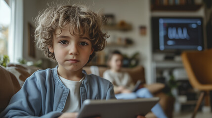 telemedicine, child with curly hair uses tablet in cozy living room, with person in background. scene is warm and inviting, suggesting modern home environment