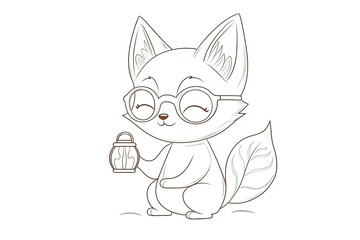 Obraz premium Tiny fox wearing glasses, holding a tiny lantern.
