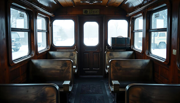  Step Back in Time Vintage Train Carriage with Wooden Seats, Inside an old Queensland train, created with generative ai