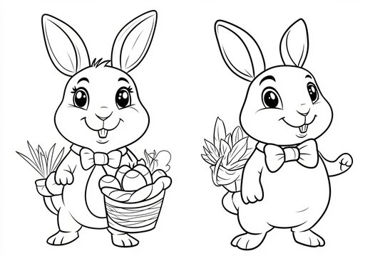Tiny rabbit wearing a bowtie, holding a basket of carrots.