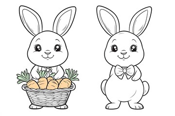 Obraz premium Tiny rabbit wearing a bowtie, holding a basket of carrots.