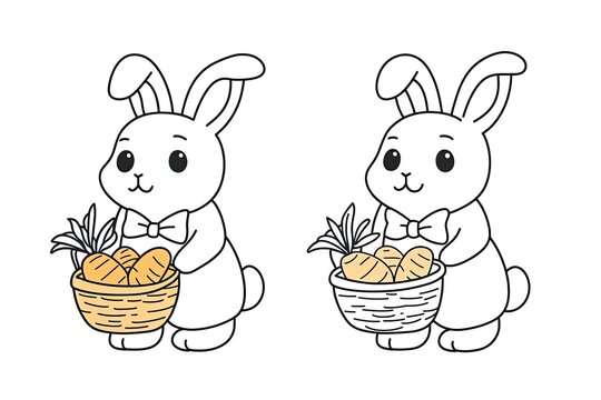 Tiny rabbit wearing a bowtie, holding a basket of carrots.
