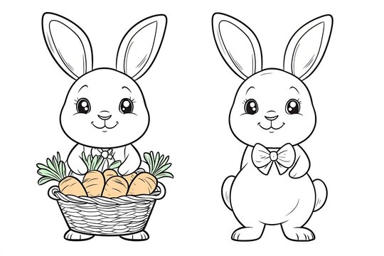 Tiny rabbit wearing a bowtie, holding a basket of carrots.
