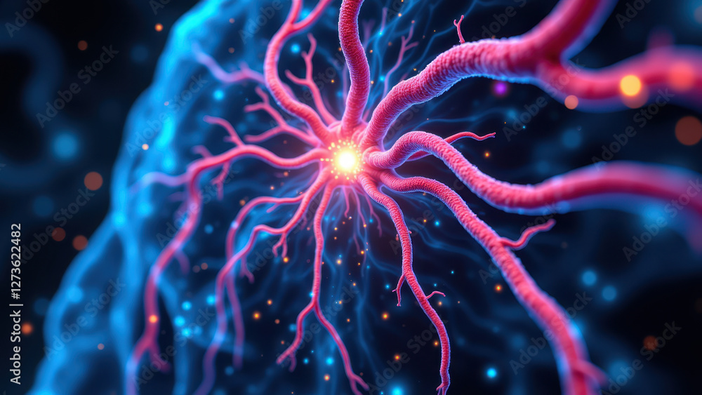 Aufkleber Vagus Nerve Stimulation (VNS): A close-up view of a biological nerve with vivid colors showcasing its intricate structure and complexity.