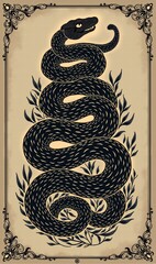 Fototapeta premium A striking black snake illustration surrounded by decorative foliage, perfect for tattoo designs, branding, or artistic projects.