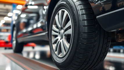 A close-up of a car's tire and alloy wheel in a garage or workshop setting.