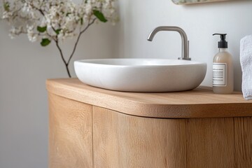 Fototapeta premium Modern bathroom with wooden vanity, ceramic sink, and minimalist decor creates a serene atmosphere