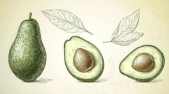 A vector hand-drawn avocado set in earthy green tones. Whole avocado, halved pieces with visible seeds, and a delicate avocado leaf sketched in fine engraved detail. 
