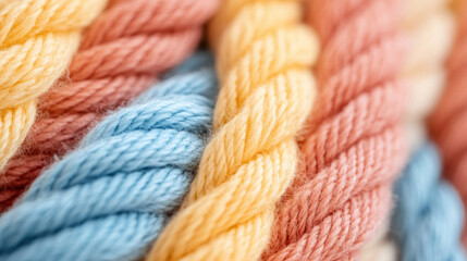 Colorful intertwined ropes in close up, featuring shades of blue, yellow, and pink, showcasing texture and pattern