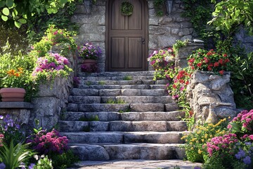 stone wall with steps leading to the front