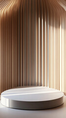 Modern interior design showcasing a minimalist display platform in a wooden ribbed space with soft lighting