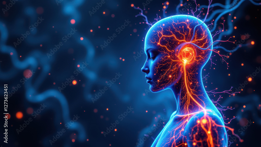 Poster vns - vagus nerve stimulation with colorful visual representation of the neural pathway within a hum
