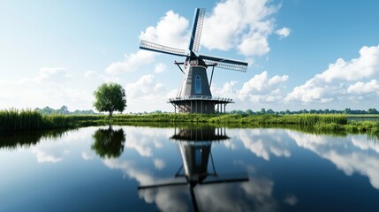 A scenic windmill reflecting in calm water under a blue sky.