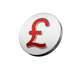 Vibrant Red British Pound Currency Symbol On A Metallic Silver Disc Icon 3D Illustration