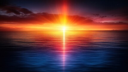 Obraz premium Vibrant sunset over tranquil ocean, with a powerful beam of light reflecting on the water.