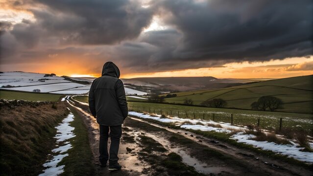 Person walking along a muddy path with a colorful sunset in the distance. Beautiful nature view. Created with Ai
