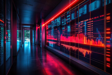 Modern Financial Data Center Hallway with Digital Data Displays