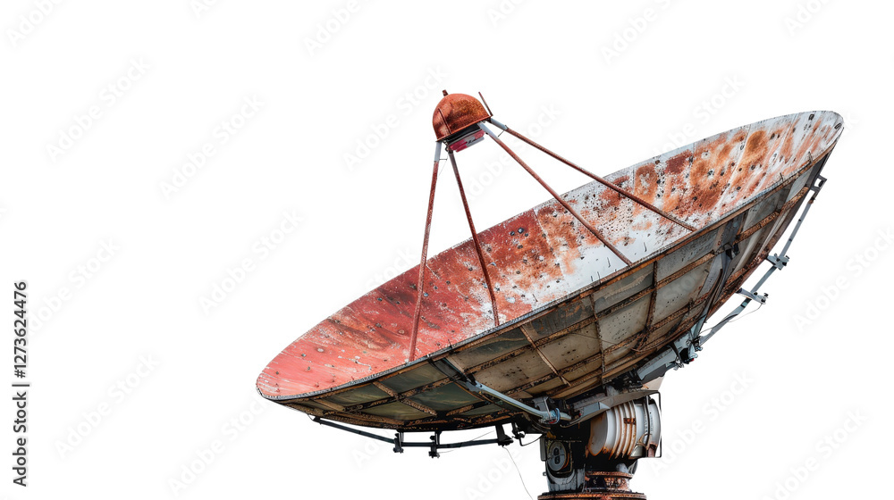 Poster isolated satellite dish pointing towards space with rusty surface and industrial design elements