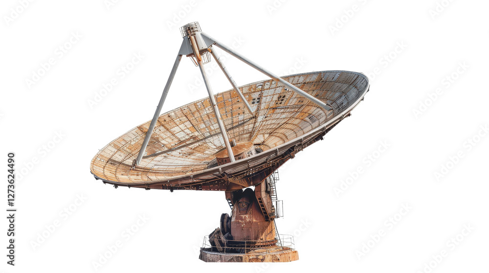 Poster isolated satellite dish pointing towards space against clear background for communication and data t