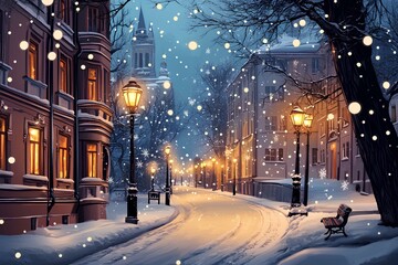 Winter evening stroll through a snow-covered street illuminated by street lamps in a quiet town