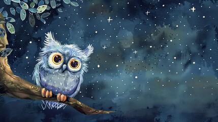 Fototapeta premium A cartoon owl perched on a branch against a starry night sky.