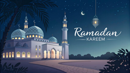 A Serene Night: The Beauty of a Mosque Illuminated Under the Ramadan Sky