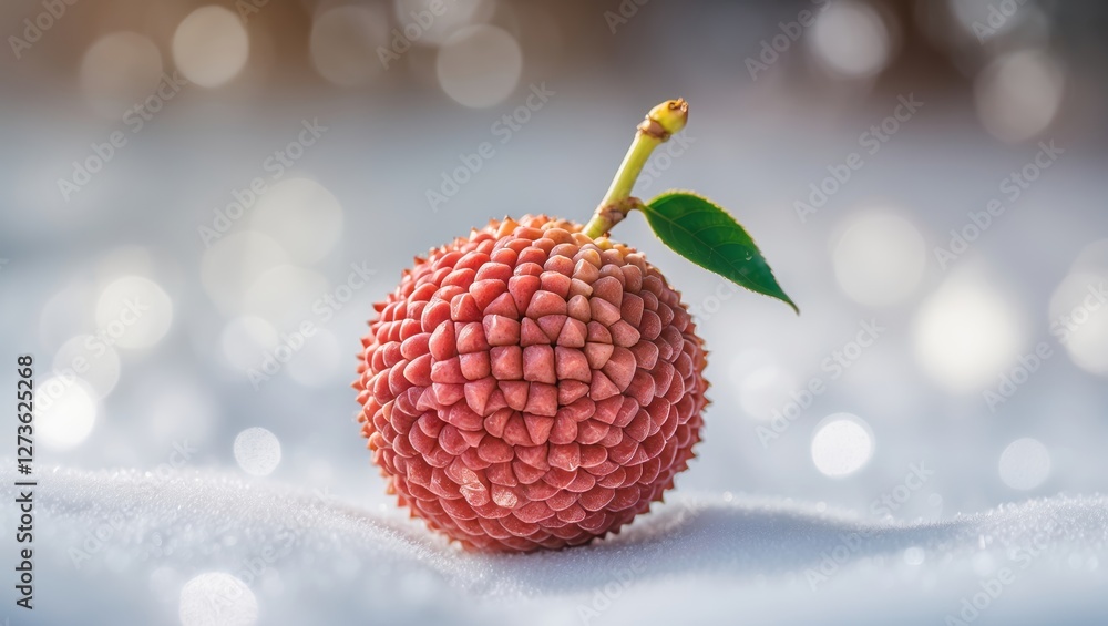 Poster fresh lychee fruit resting on white surface with blurred bokeh background during a sunny day