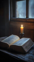An open book on the table, candlelight illuminating its pages
