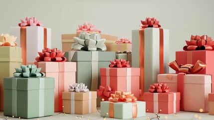 Obraz premium A collection of gift boxes with pink bows on a light green background.