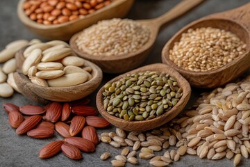 Obraz premium Variety of seeds displayed in wooden spoons arranged on a dark surface