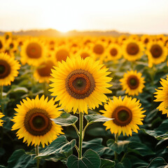 Fototapeta premium Field of sunflowers in full bloom joy and positivity on a transparent background